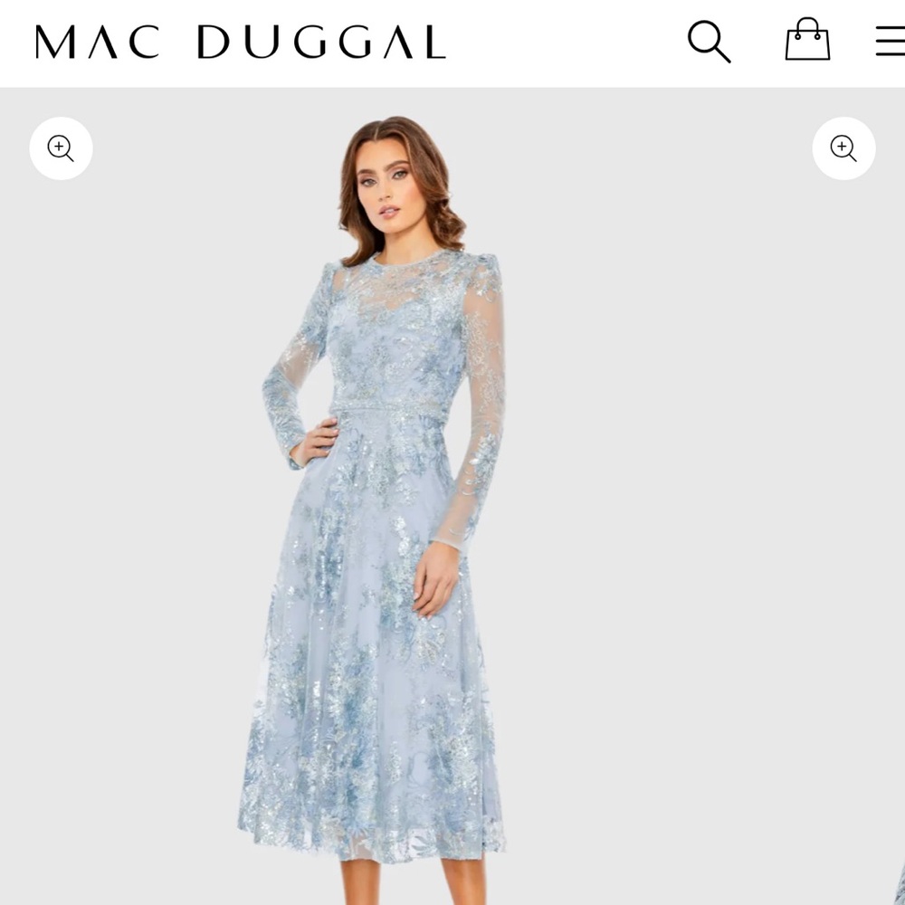 Mac Duggal Blue Embellished Illusion Long Sleeve Midi Dress